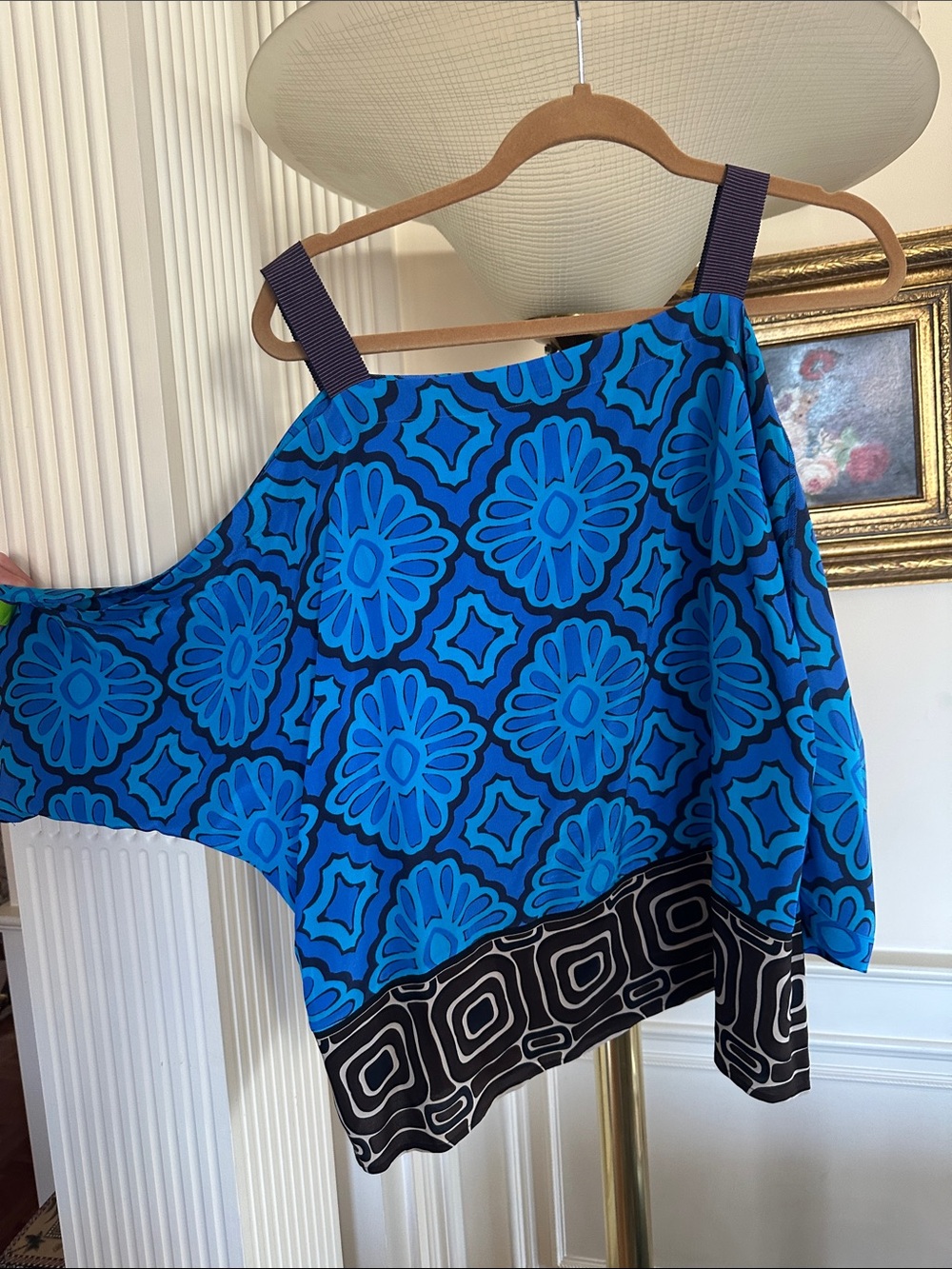 Trina Turk Blue Floral Print Tank with Tan Trim
